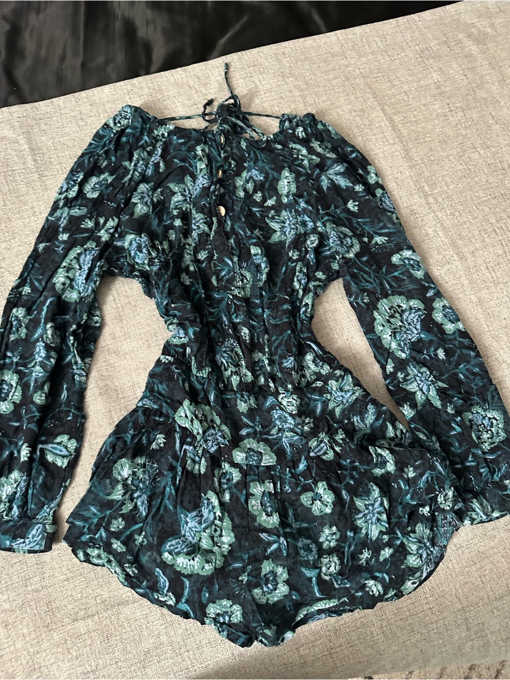 Urban Outfitters Floral Long Sleeve Romper Blue Green